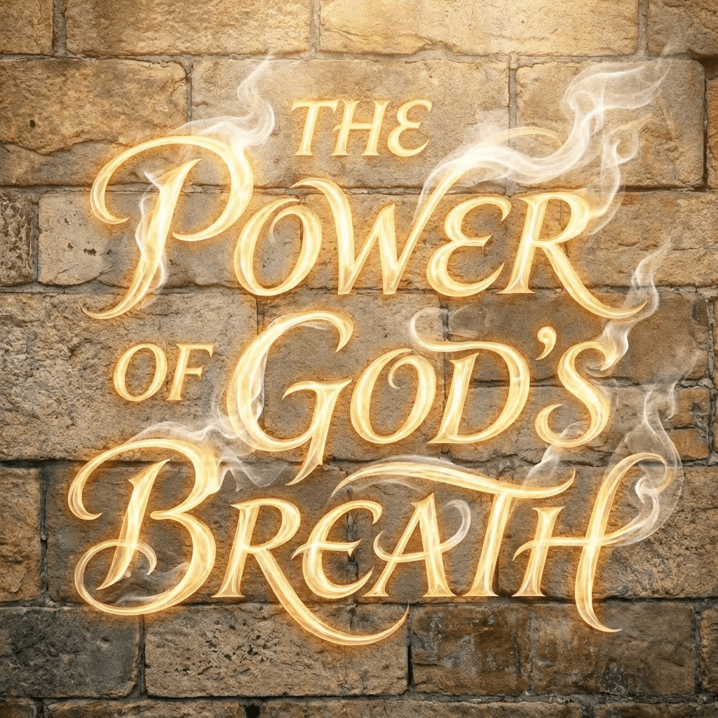 Text THE POWER OF GOD'S BREATH in glowing golden font with smoke effects.