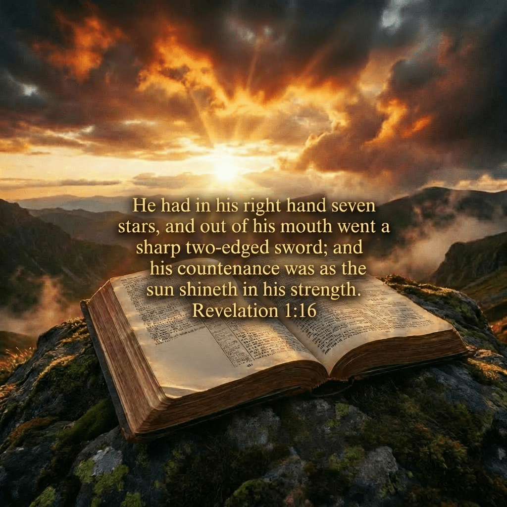 Open Bible on a mountain rock illuminated by sunbeams at sunset.