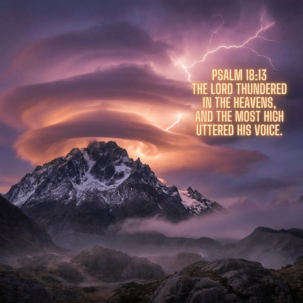 Lightning striking through a swirling lenticular cloud over a snow-covered mountain peak.