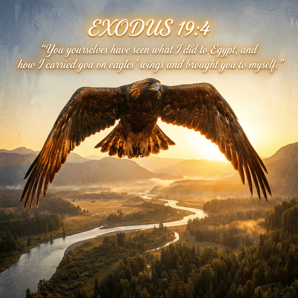 Golden eagle in flight above a winding river valley at sunrise.