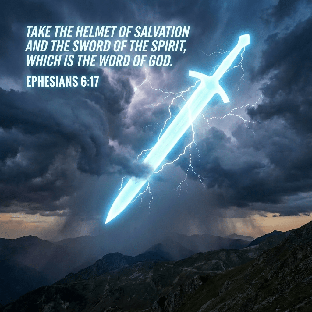 A giant glowing blue sword descending from stormy clouds with lightning above mountain peaks.