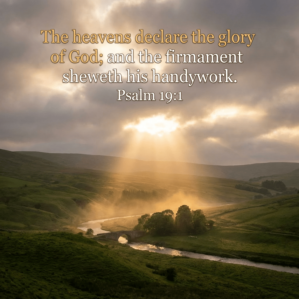 Dramatic sunbeams shining over a winding river and stone bridge in a green hilly landscape.