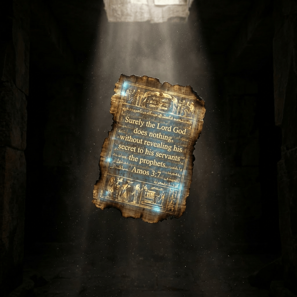 Glowing ancient papyrus floating in a beam of light within a dark tomb.