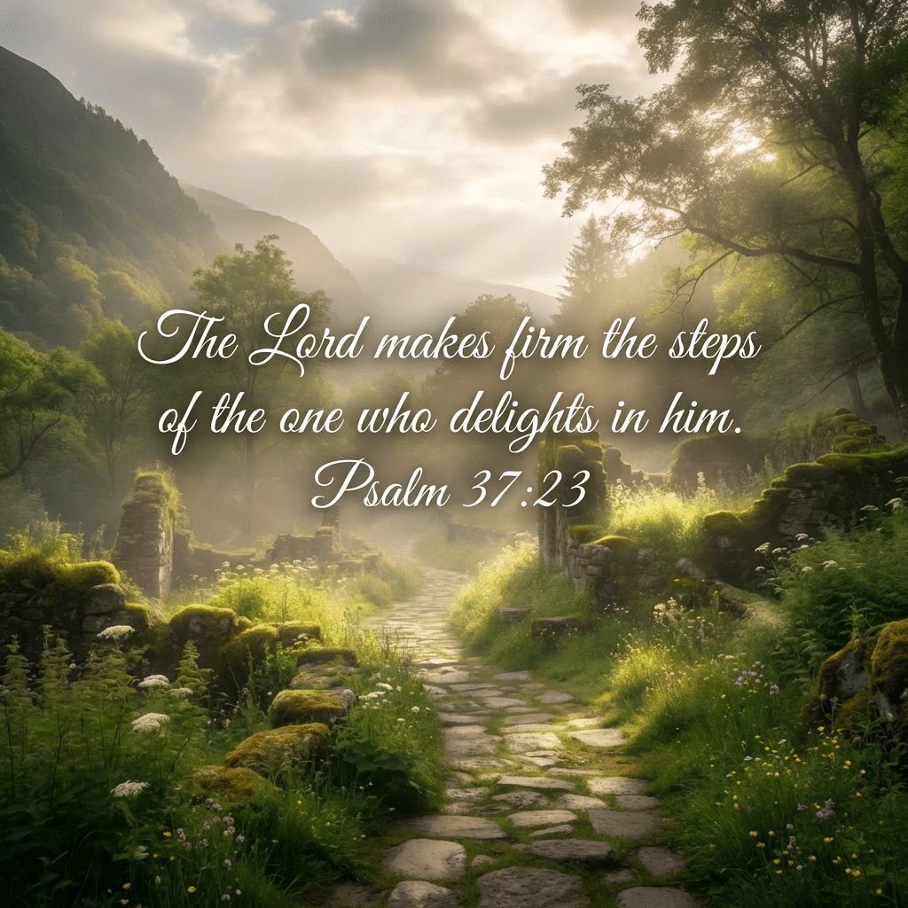 Sunlit cobblestone path winding past moss-covered stone ruins in a misty, forested mountain valley.