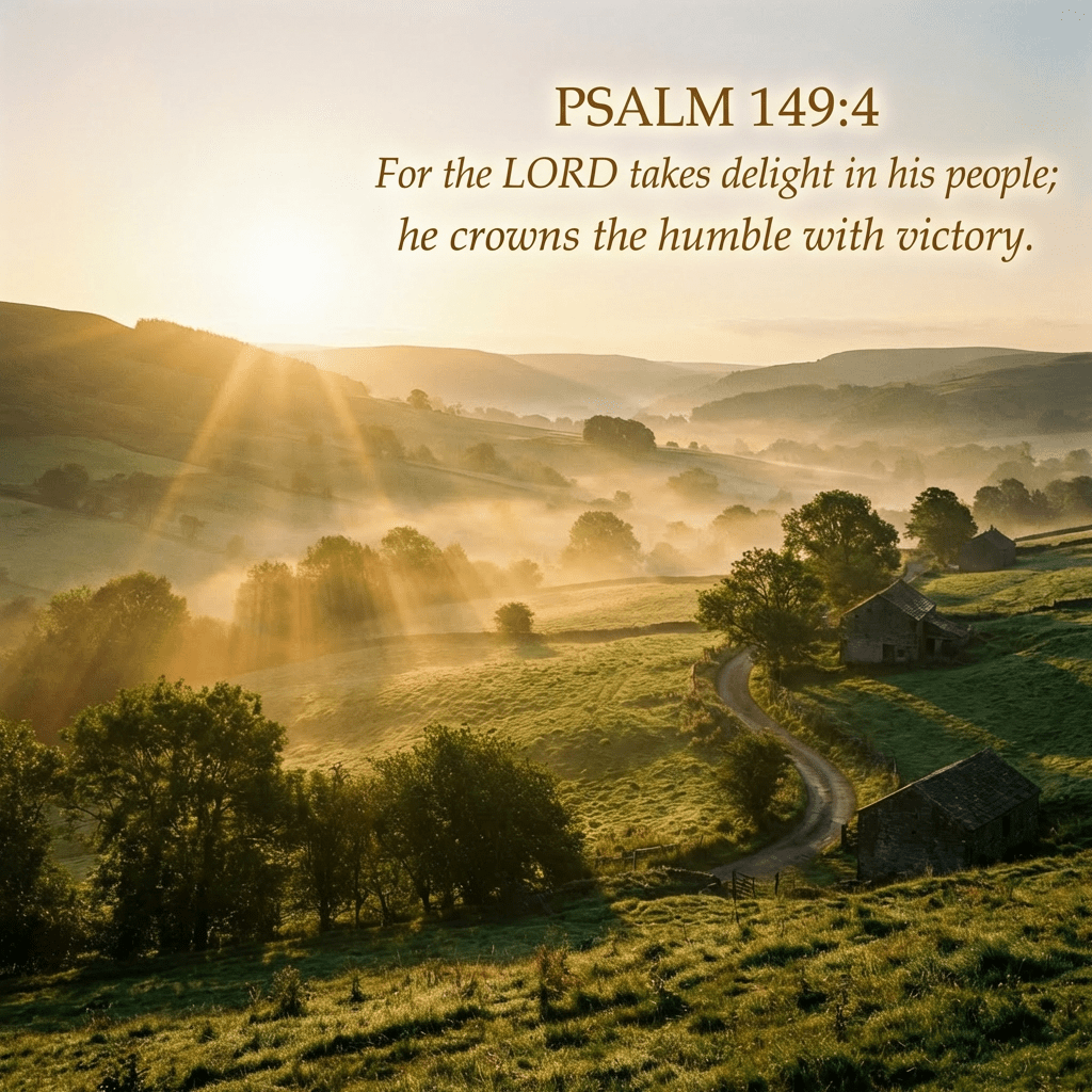 Golden sunrise rays illuminating a misty valley with stone barns and rolling green hills.