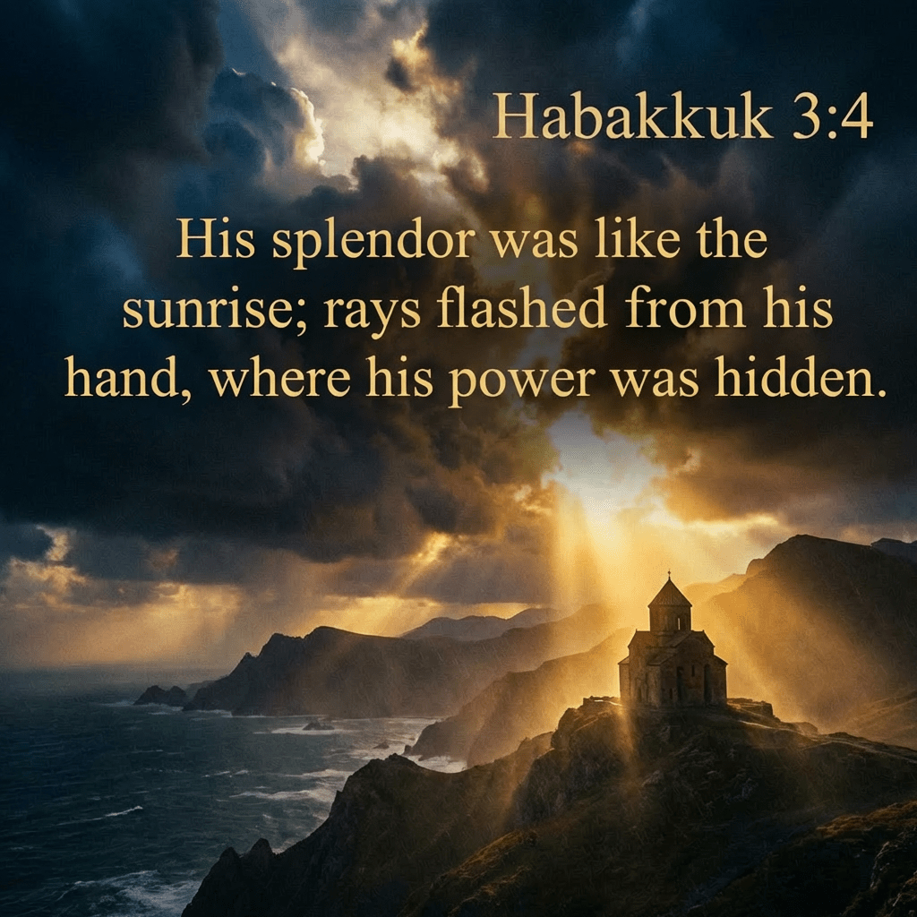 Stone church on a coastal cliff illuminated by sunbeams breaking through dark storm clouds.