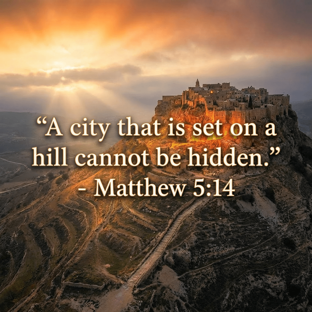 Aerial view of an ancient hilltop village illuminated by golden sunbeams at sunset.