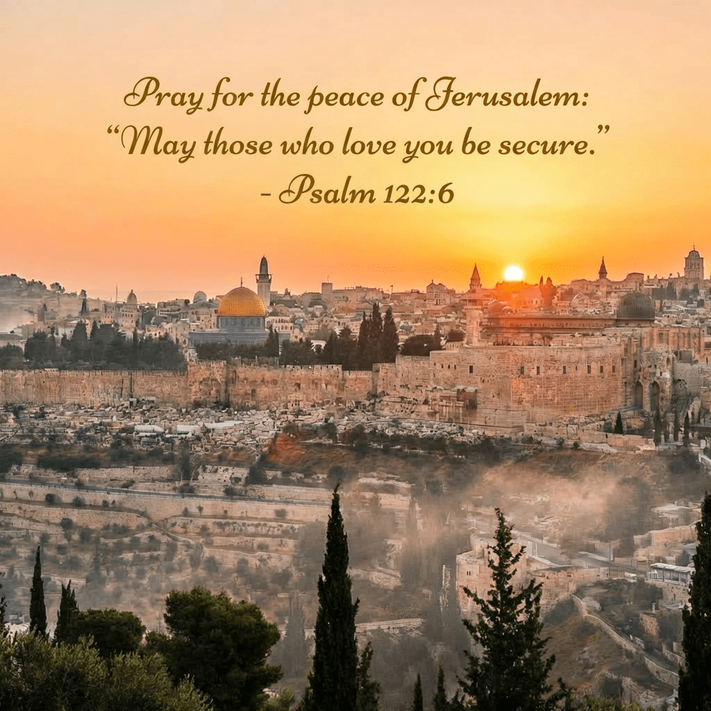Panoramic view of Jerusalem's Old City at sunset with the Dome of the Rock visible.