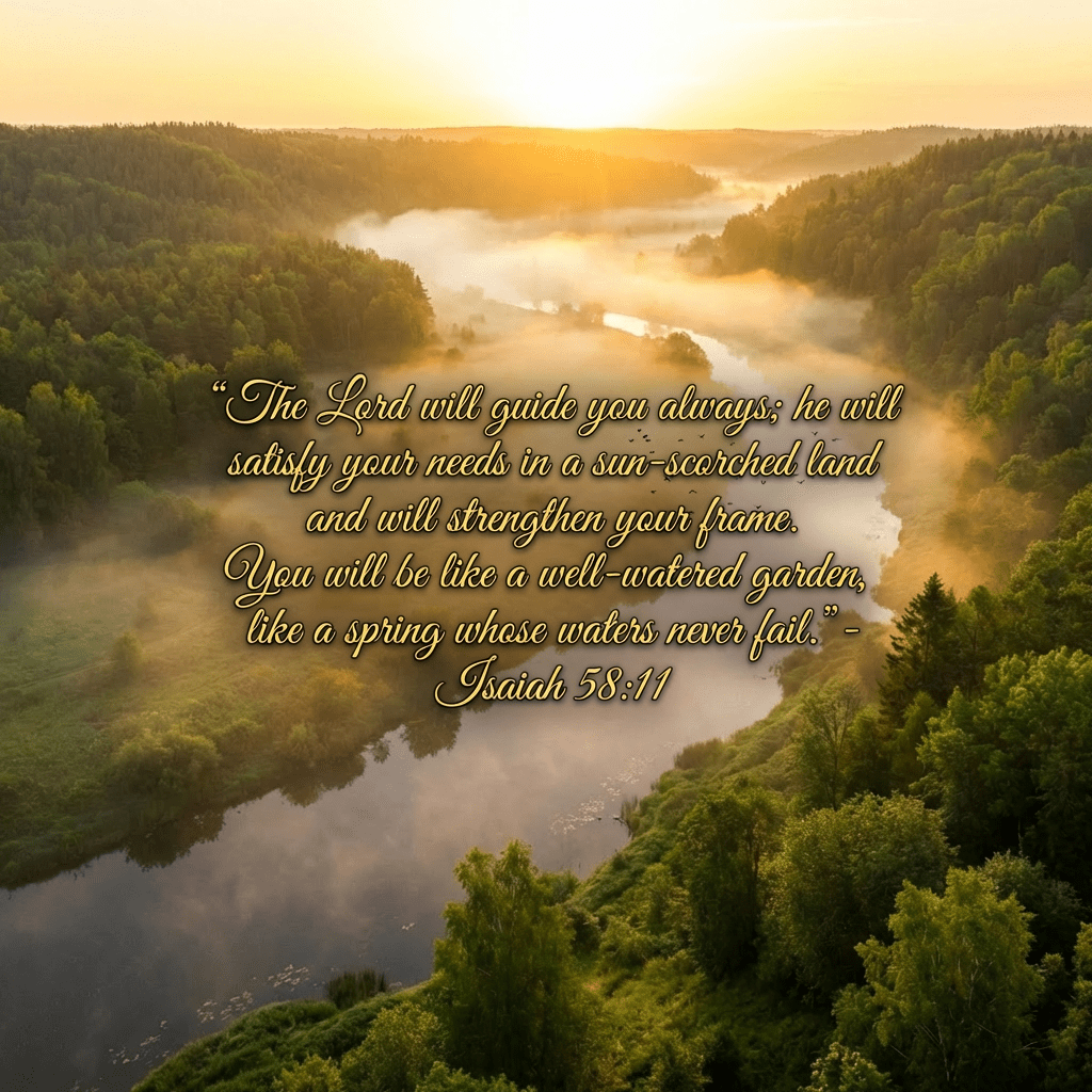 Aerial view of a winding river at sunrise with thick mist and flying birds.
