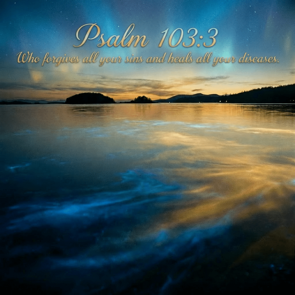 Northern lights over calm water featuring glowing blue bioluminescent patterns under a starry sky.