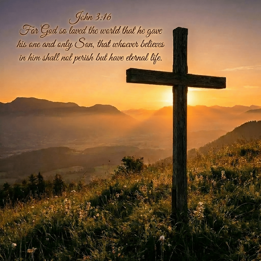 Wooden cross on a grassy mountain peak at sunrise overlooking a misty valley.