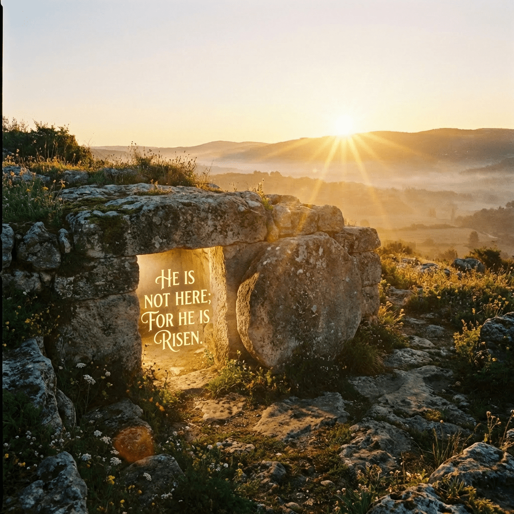 An empty stone tomb with the door stone rolled away at sunrise.
