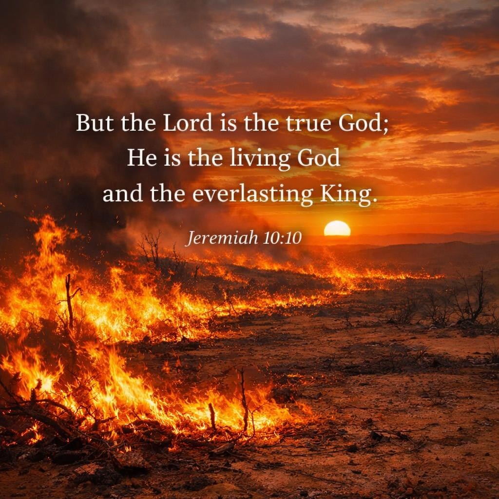 Wildfire burning dry brush and trees with smoke against a setting sun