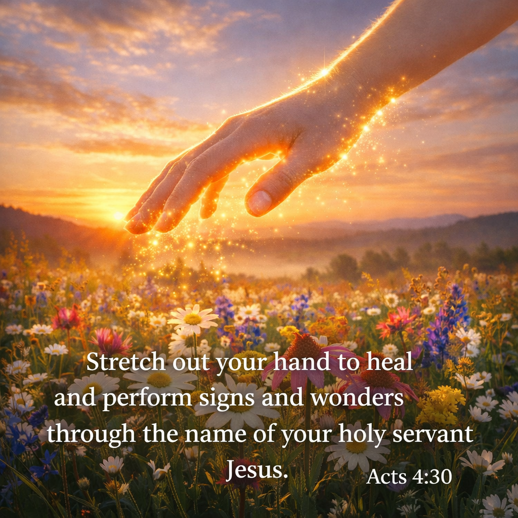 Hand glowing with golden light reaching over colorful wildflowers at sunset
