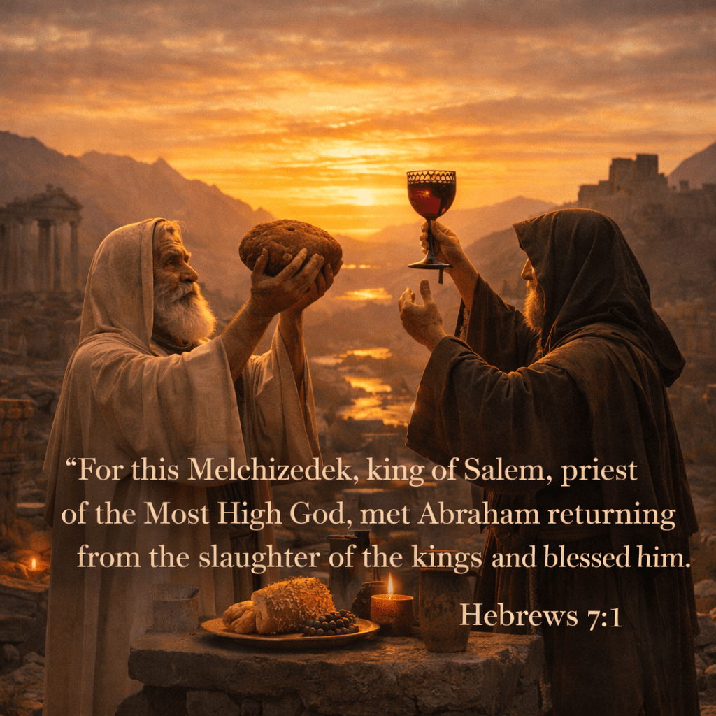 Two men in ancient robes raising bread and a goblet at sunset by a stone table with bread, grapes, and pottery