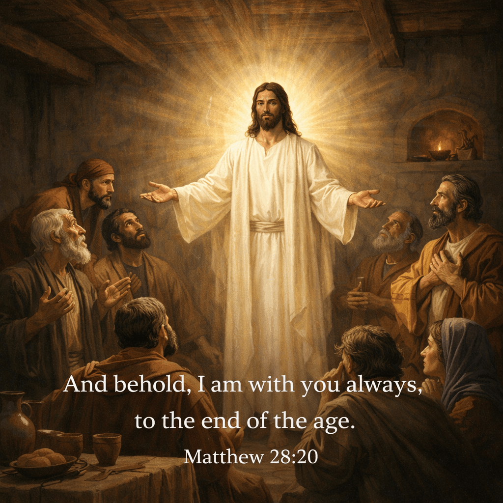 Jesus glowing with light teaching disciples inside a rustic room
