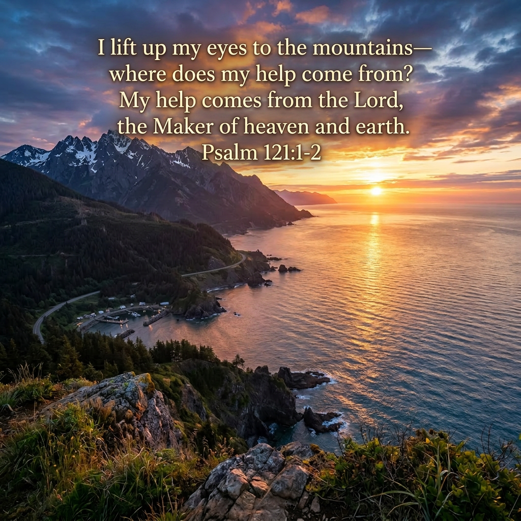 Sunset over rugged mountains and coastal shoreline with ocean horizon