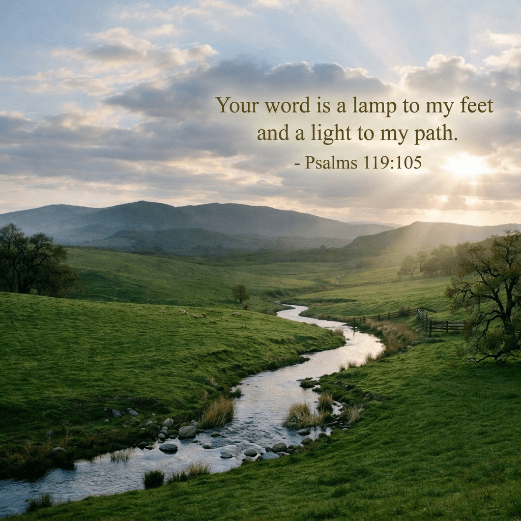 Winding stream through green hills with sheep grazing under a cloudy sky and sun rays
