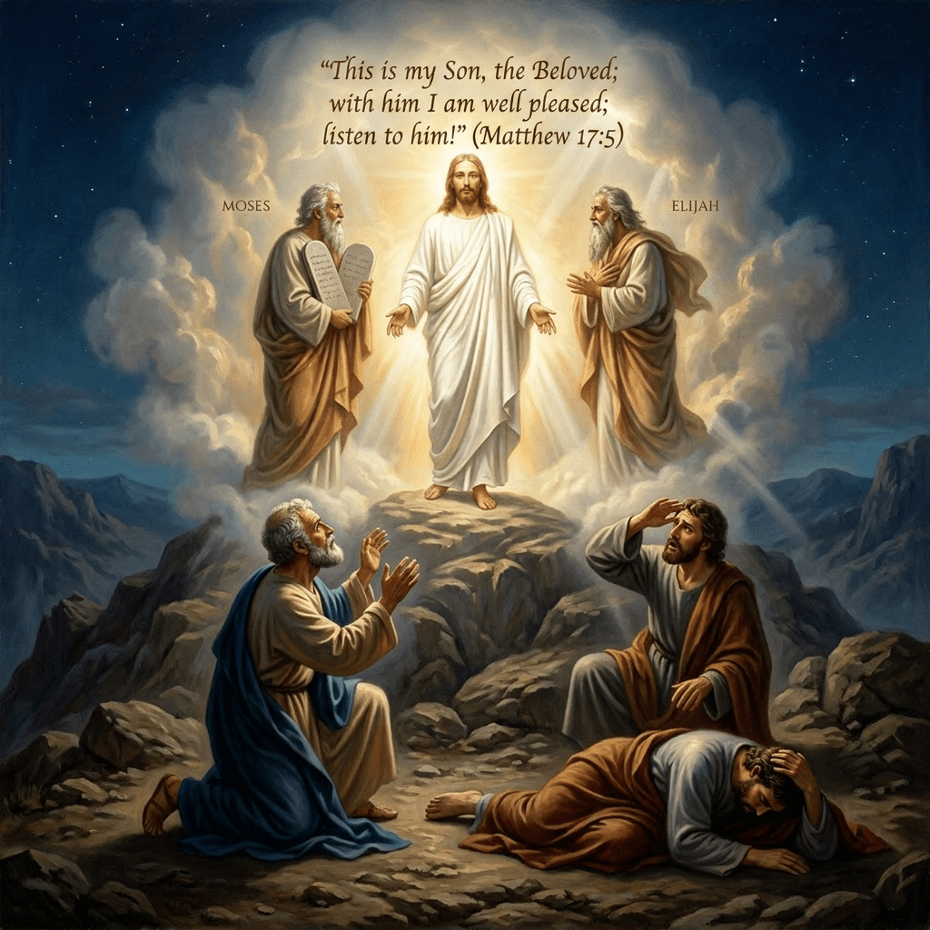 Jesus standing on a rock glowing with light, flanked by Moses holding tablets and Elijah, with three men kneeling below