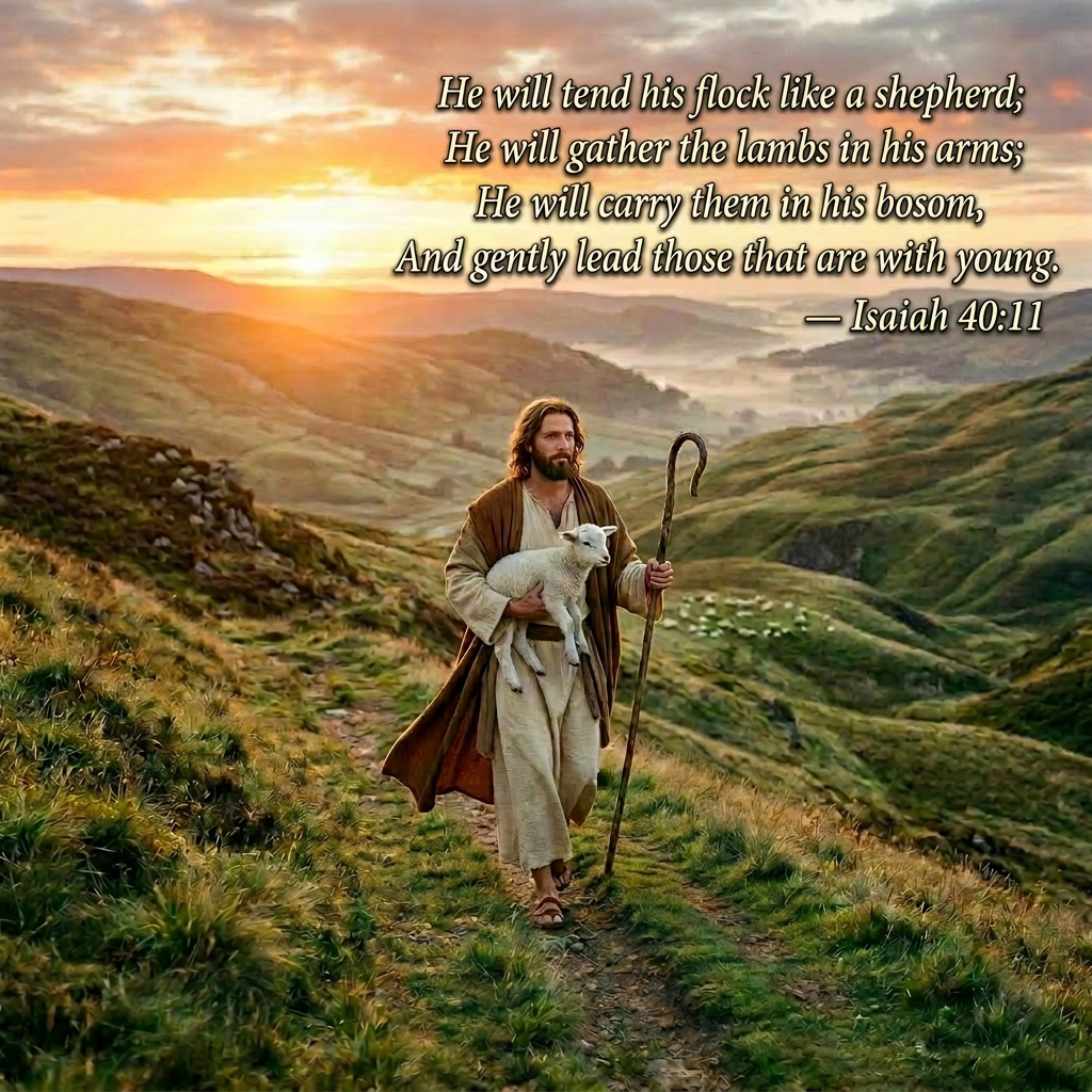 Shepherd carrying a lamb and walking with a dog on a grassy hillside at sunrise