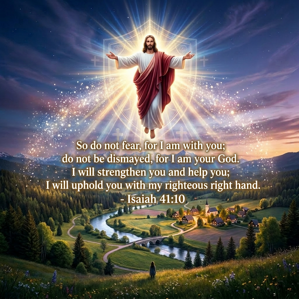 Glowing angel wings floating above a village by a river at dusk