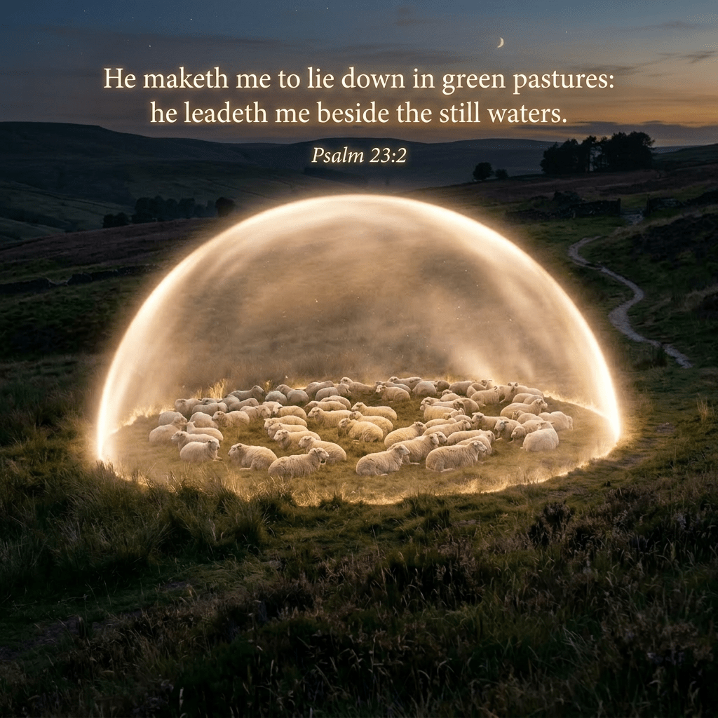 Flock of sheep resting inside a glowing light dome in a rural landscape at dusk