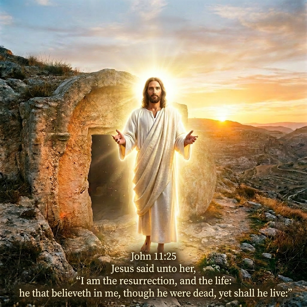 Jesus standing barefoot in white robe glowing outside an ancient stone tomb at sunrise