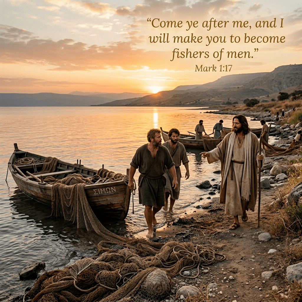 Jesus with fishermen beside wooden boats and fishing nets on a lakeshore at sunset