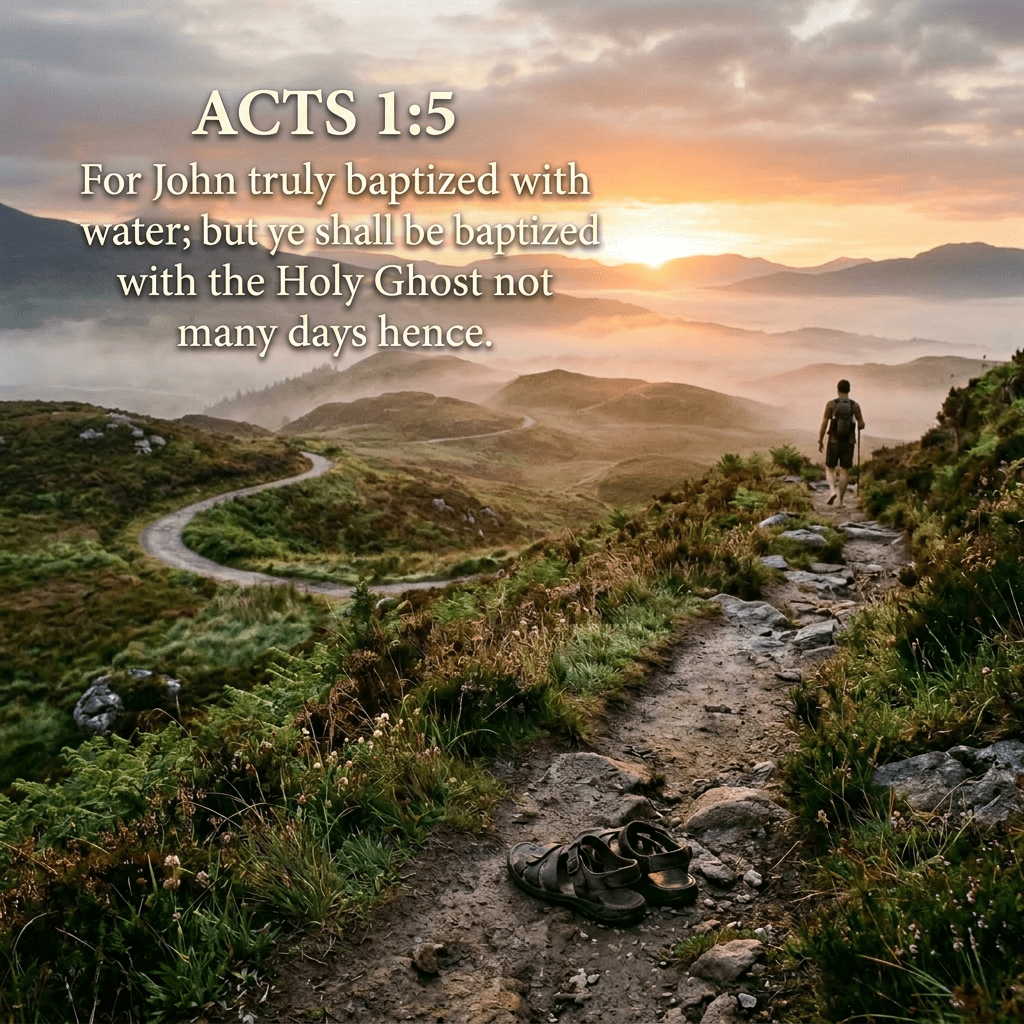 Hiker walking barefoot on a rocky mountain trail at sunset with sandals left on the path