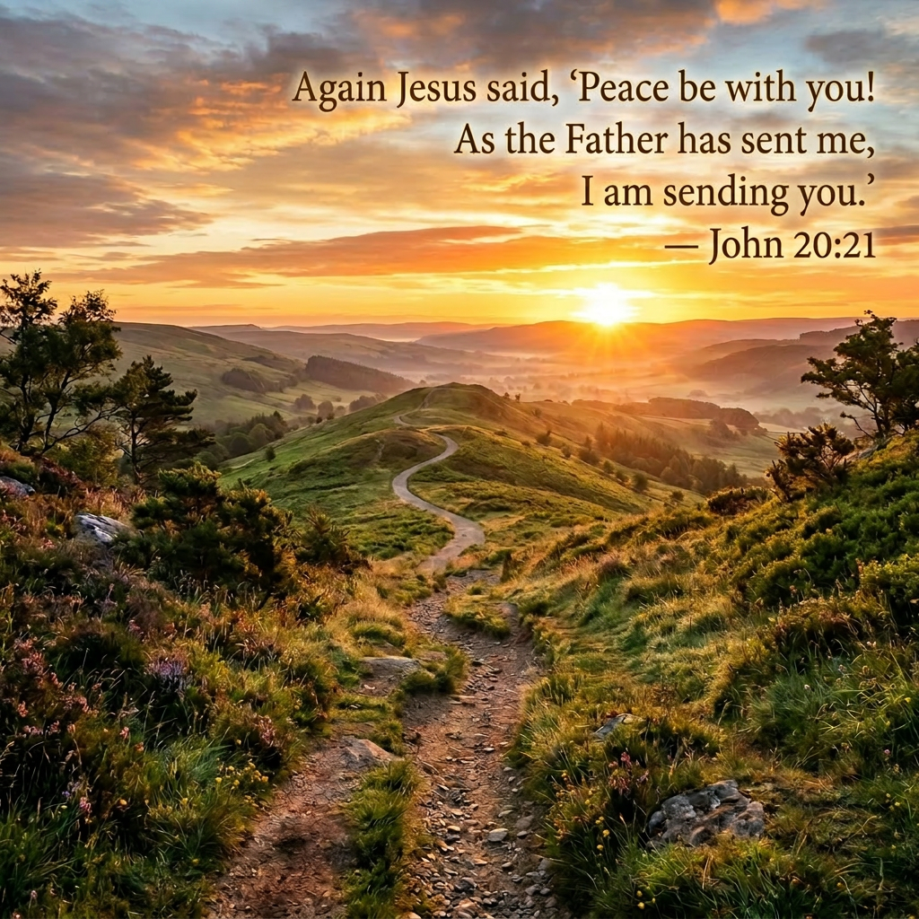 Winding dirt path on green hills with sunrise and clouds
