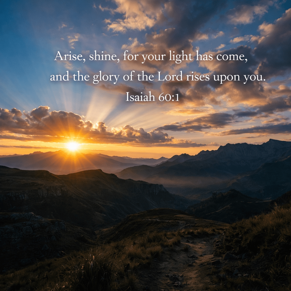 Sun rising behind mountains with sun rays lighting up the sky and clouds