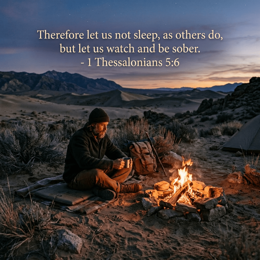 Man sitting by a campfire in the desert holding a cup at sunset