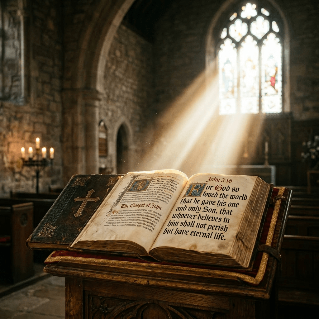 Open ancient Bible on wooden lectern illuminated by sunlight through stained glass window