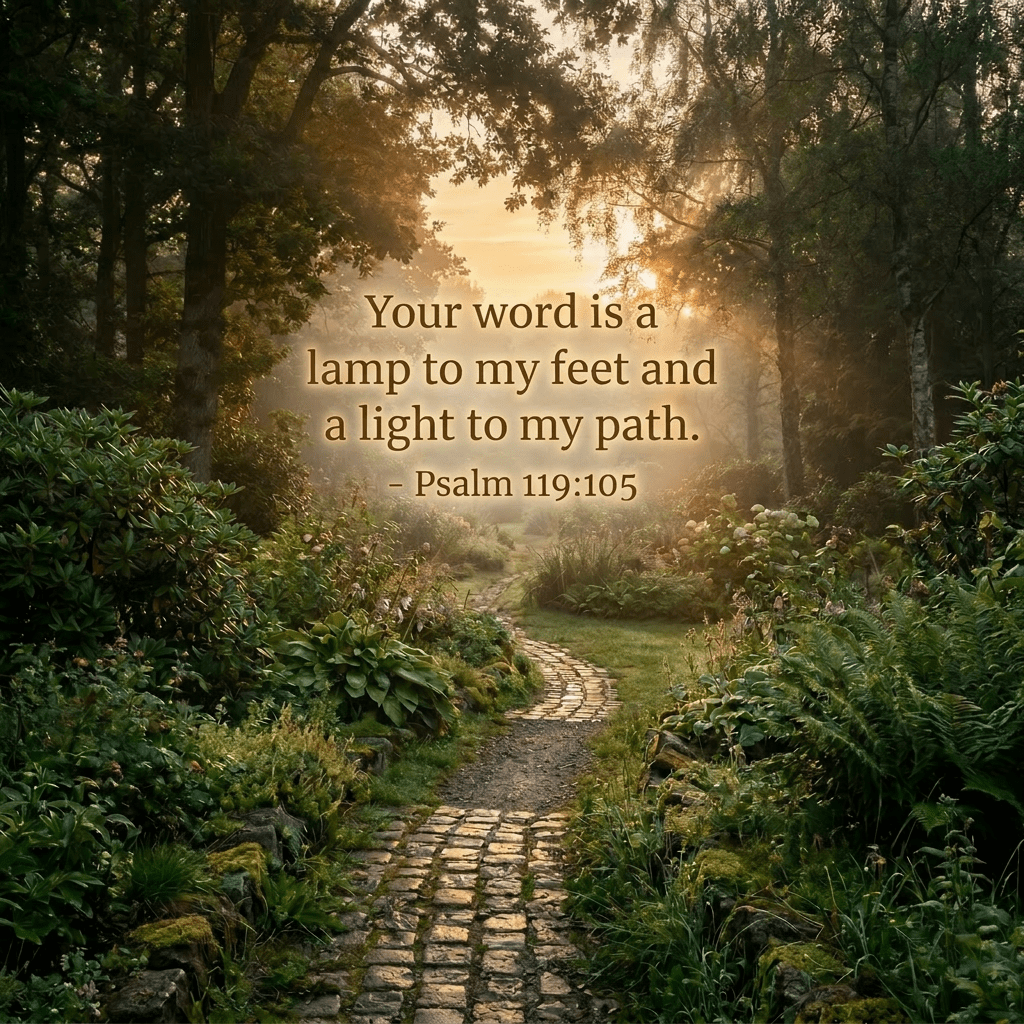Cobblestone pathway surrounded by green plants and trees in early morning light