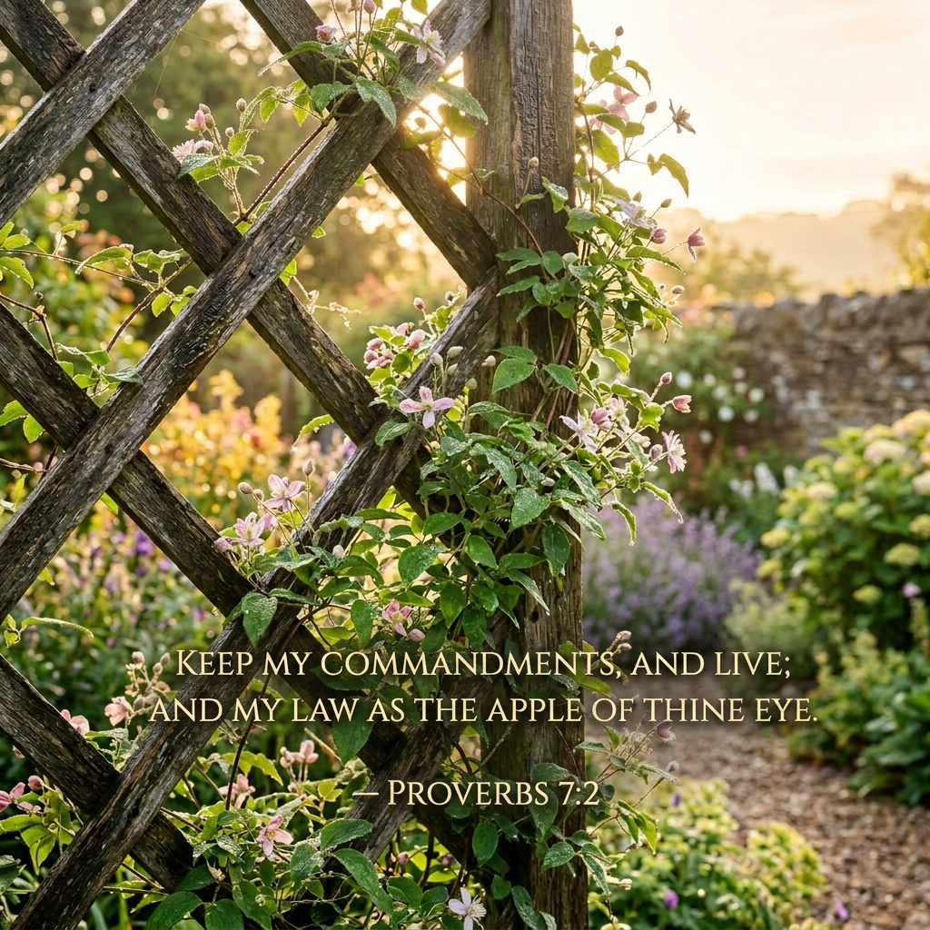 Wooden garden trellis with pink clematis flowers climbing on it, sun shining through
