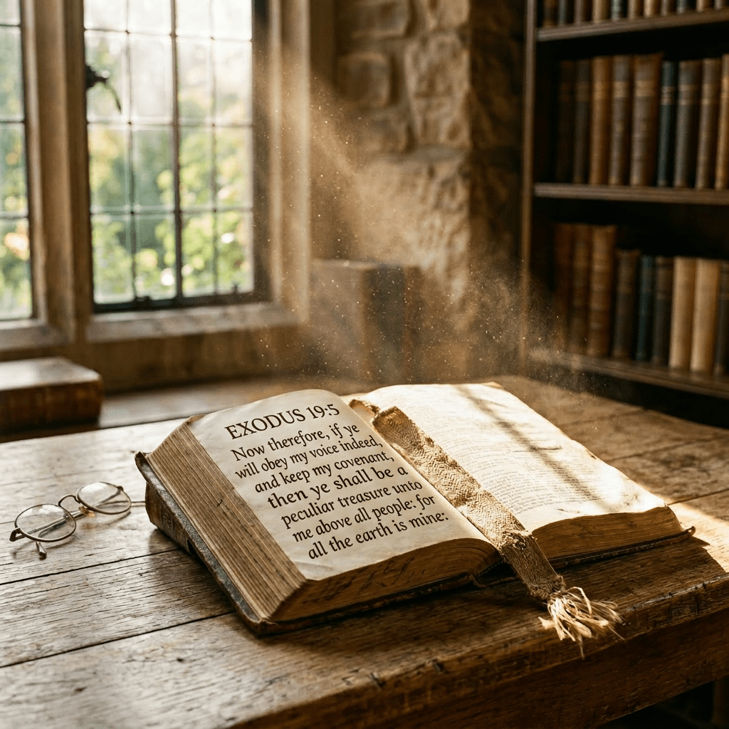Open antique book on wooden table with sunlight and dust particles visible