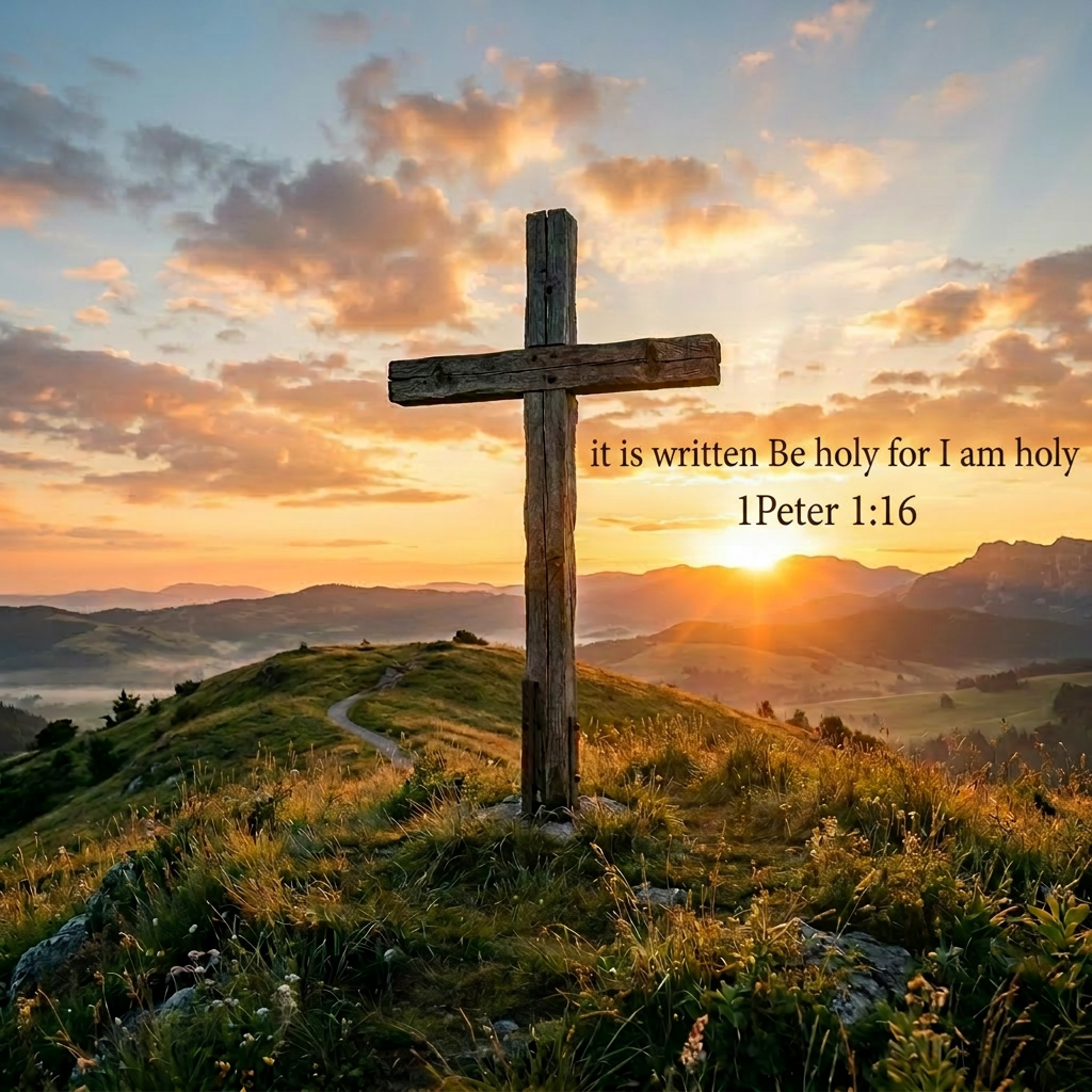 Wooden cross on grassy hilltop with sunset and mountains in background