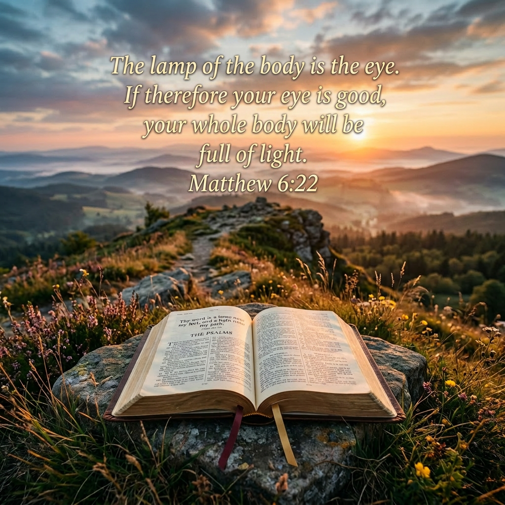Open Bible on a rock in nature at sunrise with mountains and mist in the background