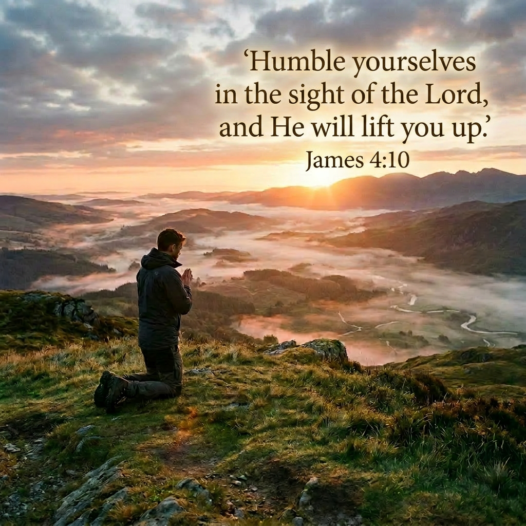 Man praying kneeling on mountain overlooking misty valley at sunrise