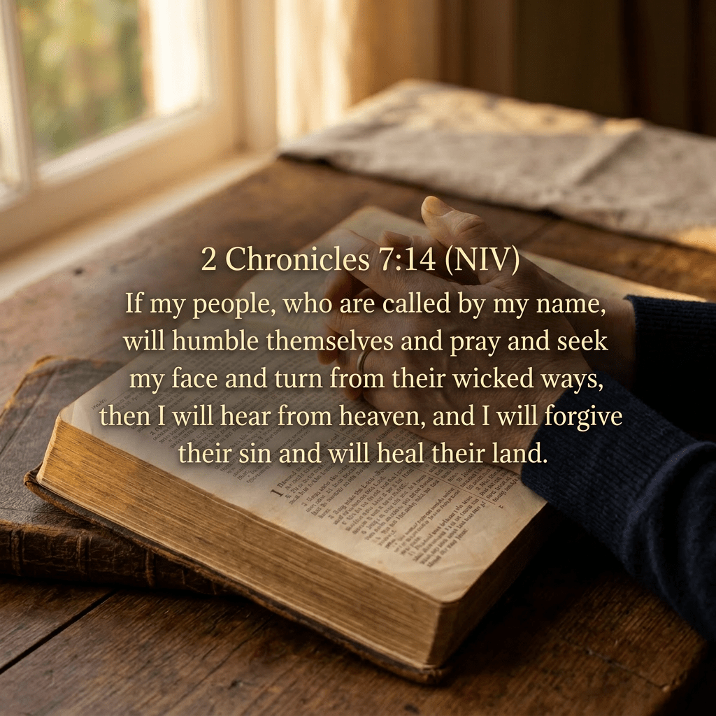 Person's hands clasped in prayer over an open Bible on a rustic wooden table