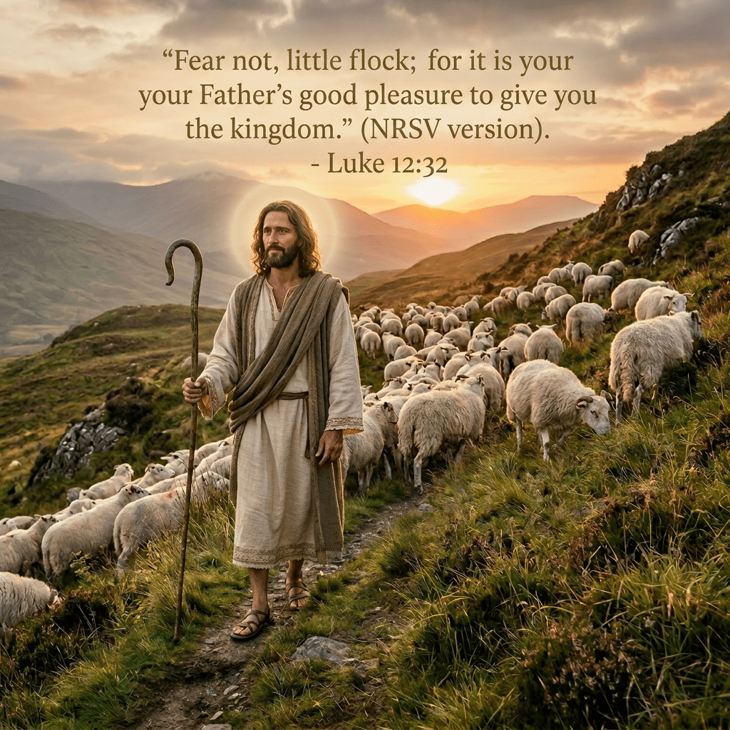 Shepherd with dog guiding flock of sheep along path in mountainous area at sunset