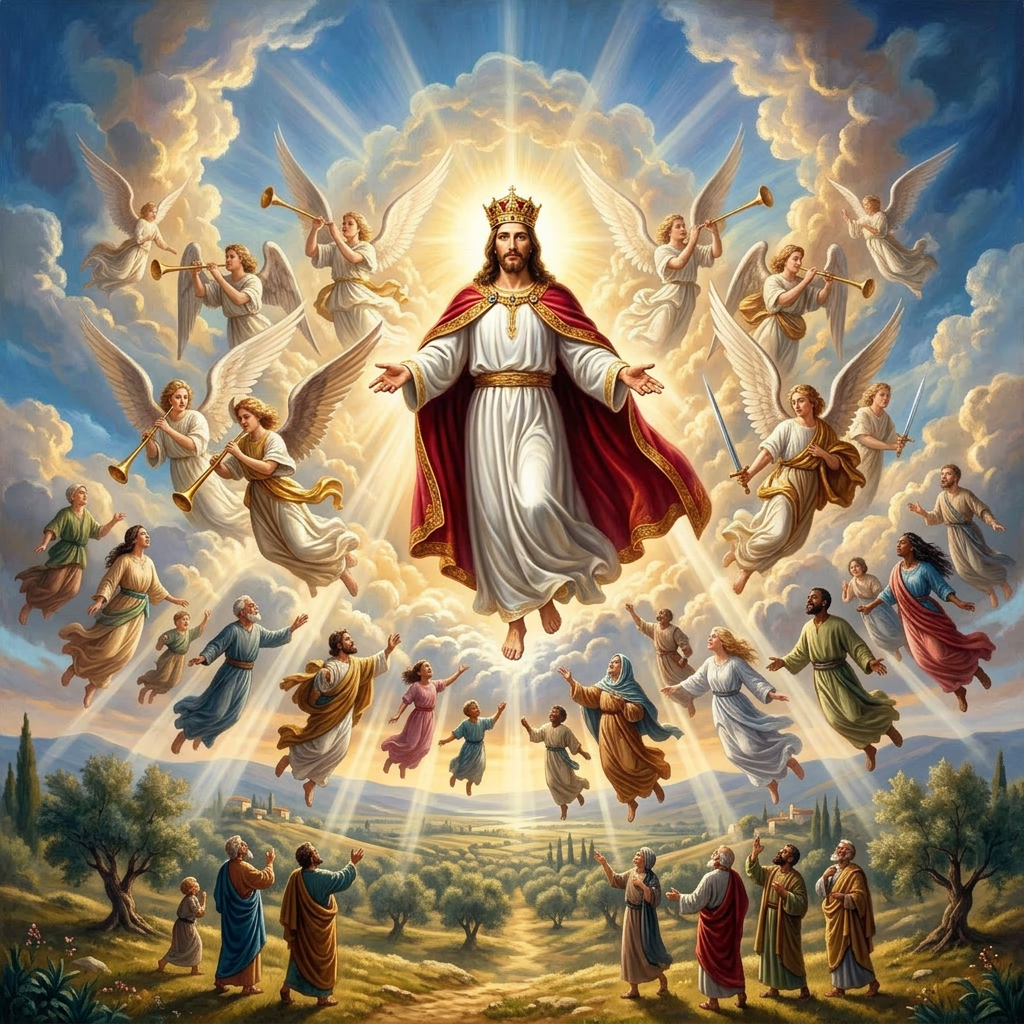 Jesus wearing a crown and red cloak ascending in the sky with angels playing trumpets and holding swords