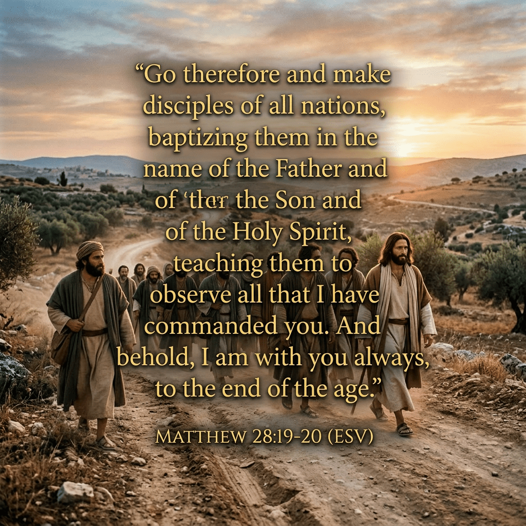 Jesus walking with his twelve disciples on a dusty road at sunset