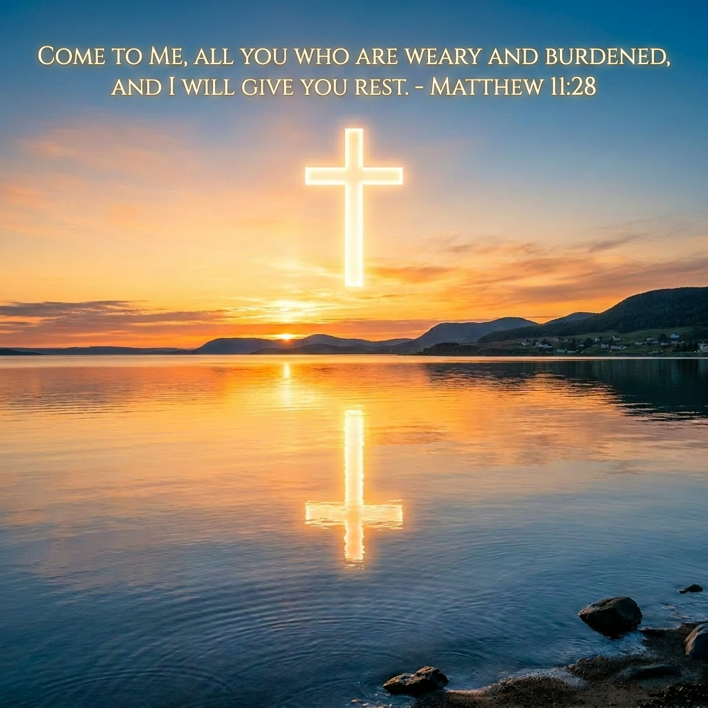 Glowing illuminated cross above lake reflecting on water at sunset
