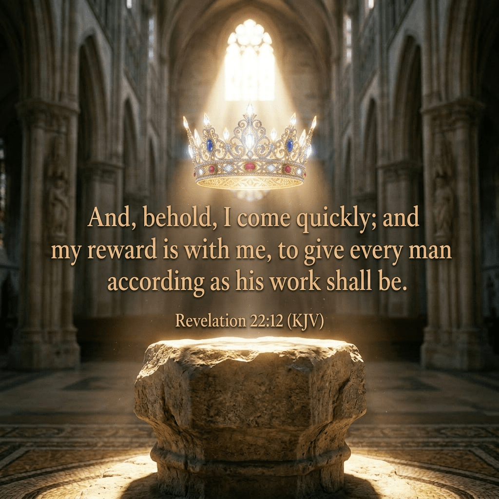 Jeweled royal crown glowing on a stone pedestal inside a cathedral
