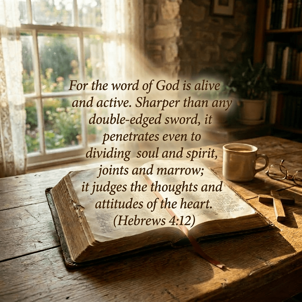 Open Bible on wooden table with coffee cup, eyeglasses, and sunlight streaming through window