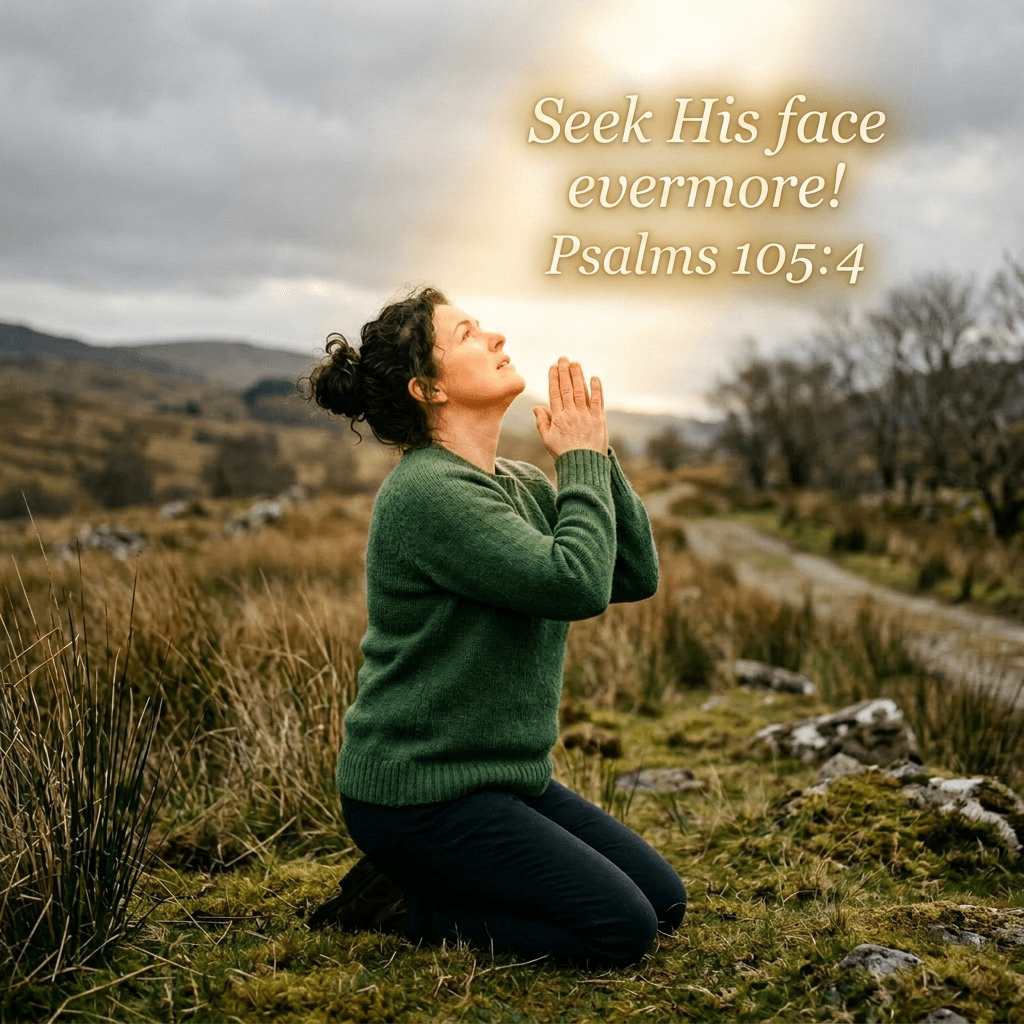 Woman kneeling on grass with hands clasped, looking upward peacefully outdoors