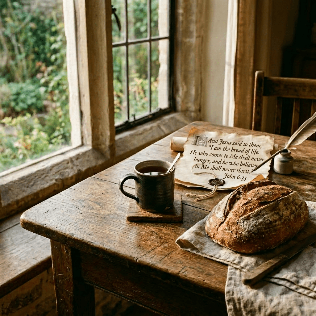 Wooden table with a loaf of bread, coffee mug, old parchment with wax seal, and quill pen by a window