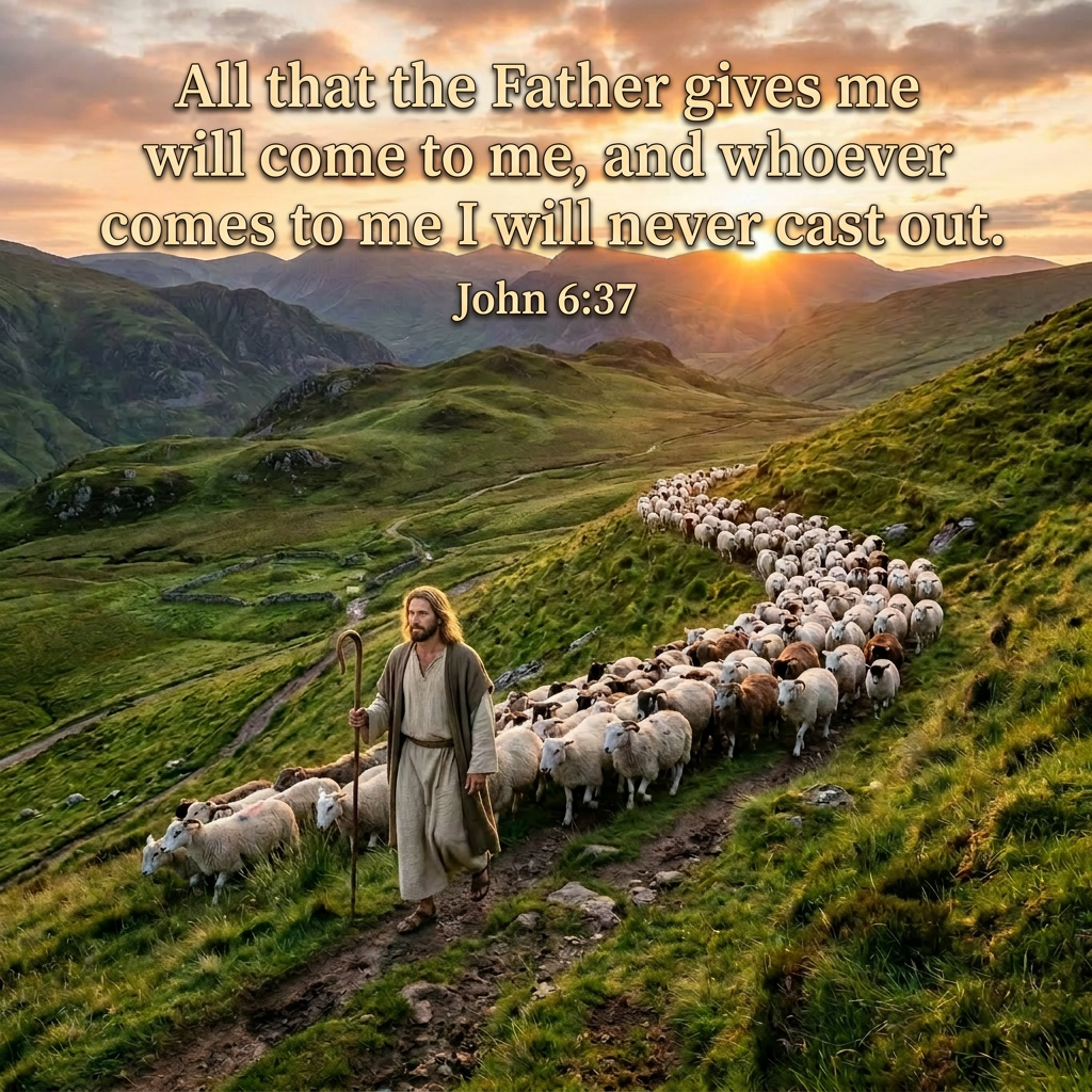 Shepherd walking with flock of sheep on a mountain trail at sunset