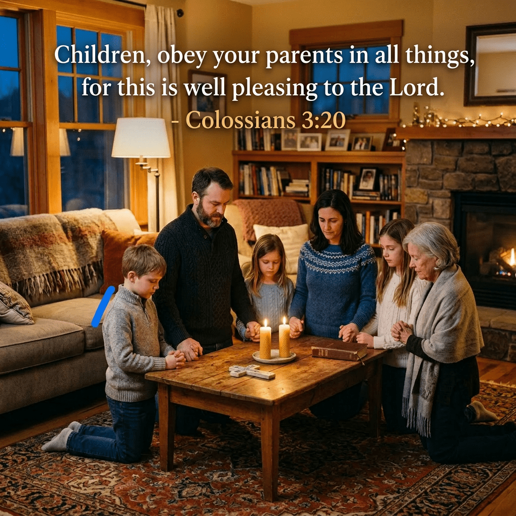 Family of five and an elderly woman kneeling around a coffee table with lit candles, holding hands in prayer
